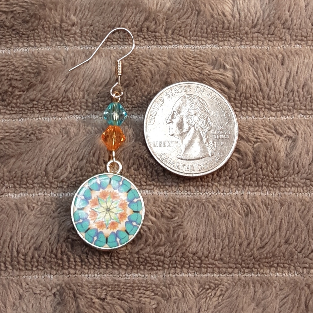 Handmade Mandala Earrings Teal Orange - Picture 3 of 3